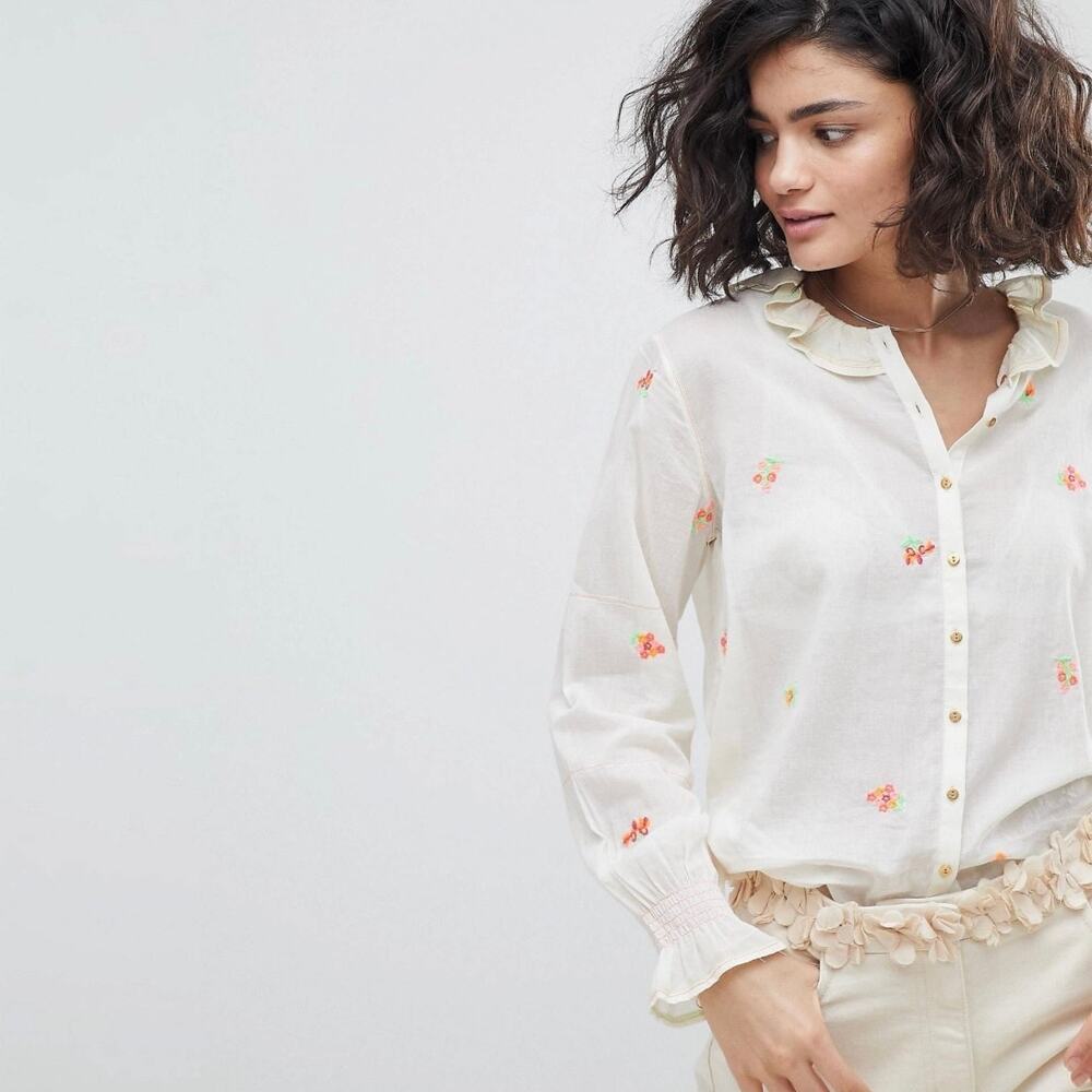 Intropia Embroidered Bouquets Button down Blouse Size 38
